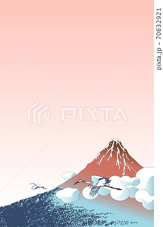 鶴と赤い富士山の浮世絵のイラスト素材