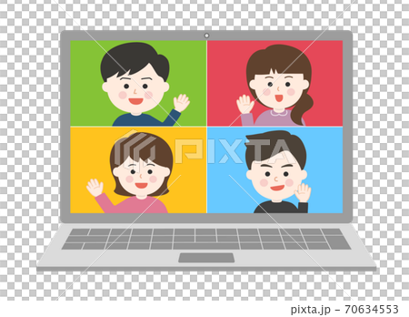 オンライン通話・手を振って挨拶をする友達イラスト オンライン通話・手を振って挨拶をする友達イラスト 70634553