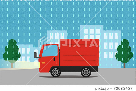 雨の中、ライトを点けて都市の道路を進む赤いトラックのベクターイラスト 70635457