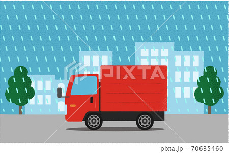 豪雨の中、都市の道路を進む赤いトラックのベクターイラスト 70635460