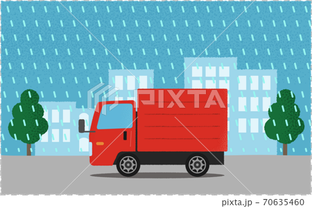 豪雨の中、都市の道路を進む赤いトラックのベクターイラスト 70635460
