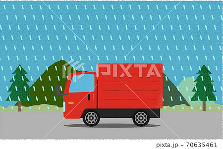 豪雨の中、山沿いの道を進む赤いトラックのベクターイラスト 70635461