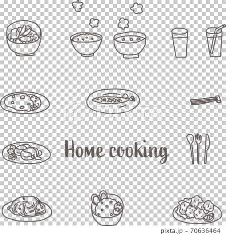 ゆるい日本の家庭料理の手描き線画イラスト 70636464
