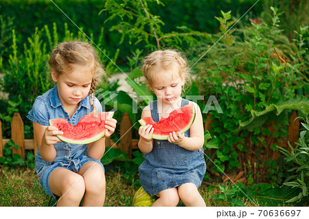 Little girls sit on watermelon and eating pieces  70636697