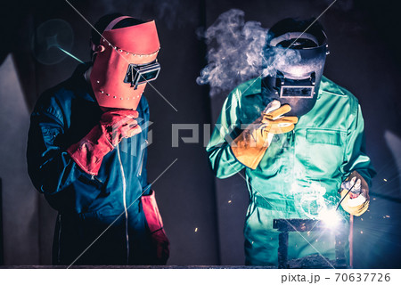 Metal welding steel works using electric arc welding machine Metal welding steel works using electric arc welding machine 70637726