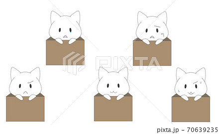 箱に入って色々な表情をする白い猫のキャラクターのイラスト素材