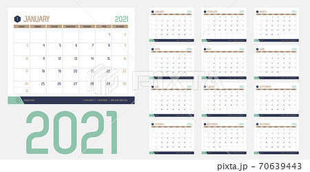 Vector of 2021 new year calendar in modern clean table simple style with blue gold green color,Holiday event planner,Week Starts Sunday.desk calender layout annual calender.timetable for diary Vector of 2021 new year calendar in modern clean table simple style with blue gold green color,Holiday event planner,Week Starts Sunday.desk calender layout annual calender.timetable for diary 70639443