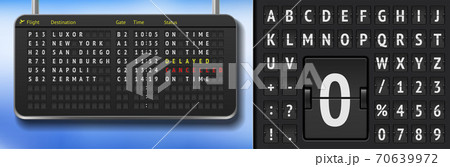 Vector airport departure board with font. Black 3d airport timetable with arrivals. Analog scoreboard alphabet on dark background. Destination airline board 70639972