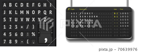 Vector airline departure board isolated. Flip airport board template with black 3D timetable and scoreboard font Vector airline departure board isolated. Flip airport board template with black 3D timetable and scoreboard font 70639976