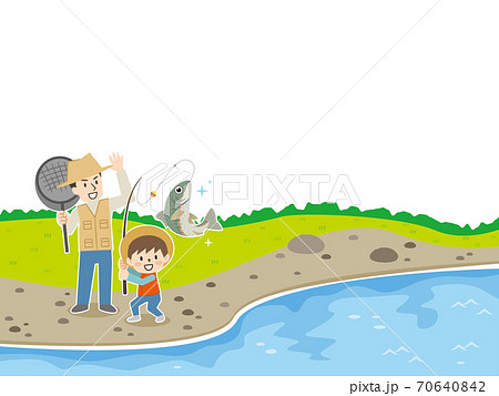 河川で魚釣りをする親子のイラスト素材