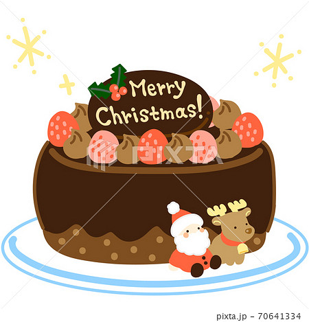 サンタとトナカイの苺のクリスマスチョコレートケーキのイラスト素材