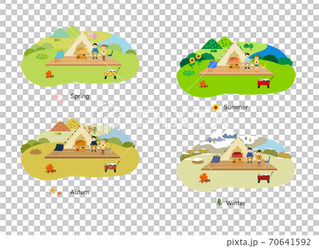 套人做豪華露營的風景（四個季節，春季，夏季，秋季和冬季） 70641592