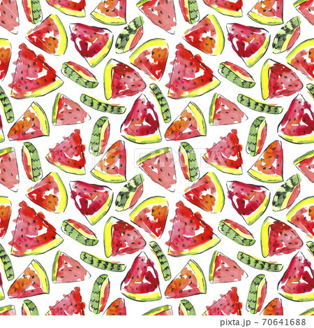 Watermelon pattern, summer mood. Watercolor illustration for kitchen towel design, table cloth, paper napkins, package. 70641688