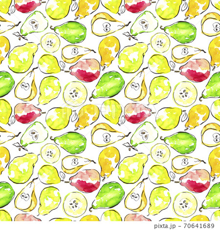 Summer pattern with watercolor pears. Illustration for kitchen tea towel, paper napkin design, table cloth,package, wrapping paper. 70641689