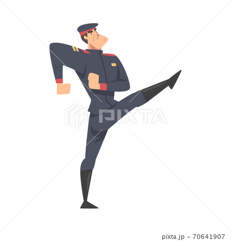 Army Soldier Marching, Infantry Military Man Character in Blue Uniform and Cap Cartoon Style Vector Illustration 70641907