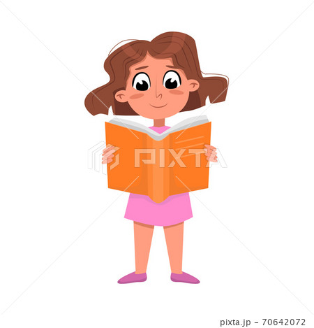 Lovely Girl Reading Book while Standing, Preschooler Kid or Elementary School Student Enjoying Literature Cartoon Style Vector Illustration 70642072