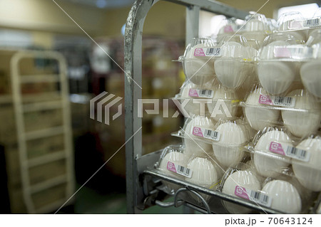 スーパーバックヤードイメージ ワークテナー カゴ台車に乗せた卵 スーパーバックヤードイメージ ワークテナー カゴ台車に乗せた卵 70643124