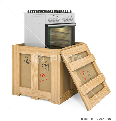 Gas range inside wooden box, delivery concept. 3D rendering Gas range inside wooden box, delivery concept. 3D rendering 70643901