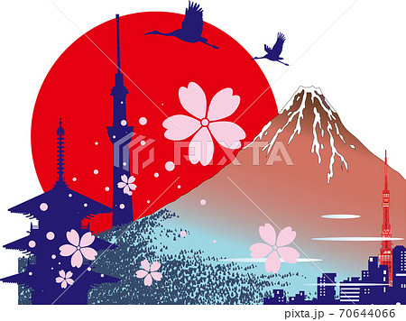 日本の観光の富士山 桜 お寺などのランドマークのイラスト素材