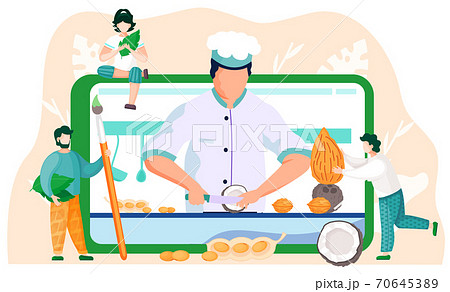 Online culinary video on tablet screen. People watching lessons on cooking different types of nuts Online culinary video on tablet screen. People watching lessons on cooking different types of nuts 70645389