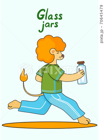 Cartoon lion cub running with a glass jar in his hands. Animals preserve the environment. No plastic Cartoon lion cub running with a glass jar in his hands. Animals preserve the environment. No plastic 70645479