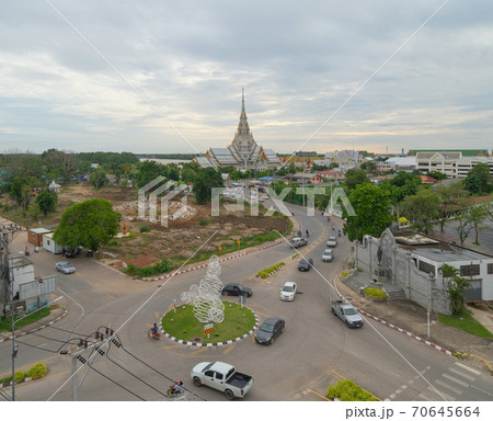 Aerial view of Wat Sothon Wararam or Temple of Dignity, Mueang Cha Choeng Sao District with Chao Phraya River, Cha Choeng Sao urban city downtown skyline, near Bangkok, Thailand. Aerial view of Wat Sothon Wararam or Temple of Dignity, Mueang Cha Choeng Sao District with Chao Phraya River, Cha Choeng Sao urban city downtown skyline, near Bangkok, Thailand. 70645664