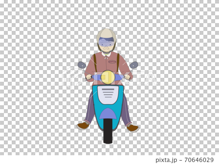原付バイクに足を伸ばして乗る危険なおばあさんのイラスト素材