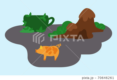 Pig standing near the mountain with a cave and big green cup of grass vector flat illustration 70646261