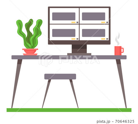 Place for work, table with chair, computer monitor turned on, green plant in pot, cup with hot drink Place for work, table with chair, computer monitor turned on, green plant in pot, cup with hot drink 70646325
