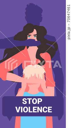 scared terrified mother and daughter with closed mouth stop family violence and aggression concept 70647461