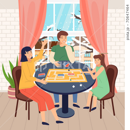 Mother, father and daughter play together, indoors home activity, cold snowy winter outside window Mother, father and daughter play together, indoors home activity, cold snowy winter outside window 70647464