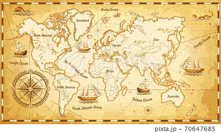 Ancient world map ships and continents compass marine navigation Ancient world map ships and continents compass marine navigation 70647685