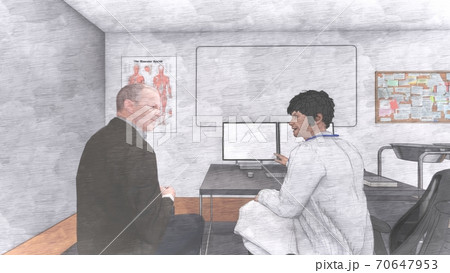 病院 診察室 人有り 高齢者男性 男性医者 看護婦あり イラスト7のイラスト素材