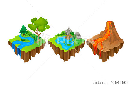 Floating Game Islands with Forest and Volcano Vector Set Floating Game Islands with Forest and Volcano Vector Set 70649602