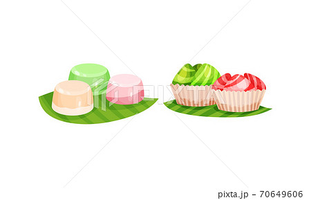 Arabic Sweets Served on Green Leaf Vector Set 70649606