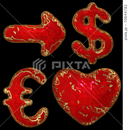 Symbol collection arrow, dollar, euro, heart made of golden shining metallic. Collection of gold shining metallic with red paint symbol isolated on black background. 3d 70649782