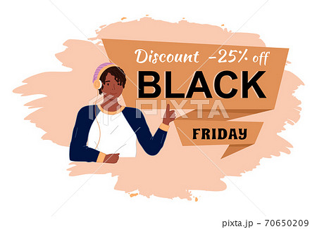 Happy young brunette guy smiling and thumb up. Black Friday background. Sale and discounts 70650209