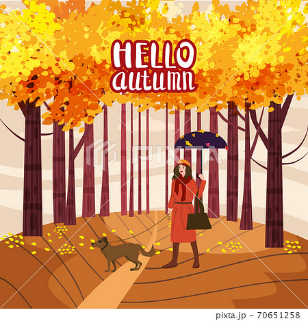 Hello Autumn lettering Park Young woman walks with dog, yellow orange red foliage trees, walkway bench. Fall mood outdoor cityscape. Vector isolated illustration isolated 70651258
