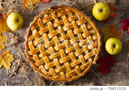 Homemade apple pie on wooden table	 70651520