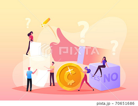 Random Selection Concept. Tiny Male Female Characters Throw Coin and Dice with Yes or No Sides, Pulling Paper from Box 70651686