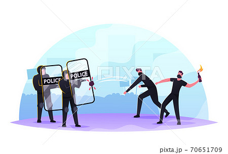 Violence Riots, Protesting, Strike. Male Characters in Masks and Black Clothes Fighting with Police Holding Shields 70651709
