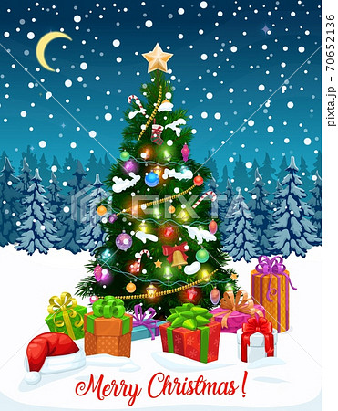 Christmas tree with Xmas gifts, star and balls 70652136