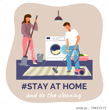 Stay at home and do the cleaning, young couple washing, cleaning, sweeping floor, stop be lazy 70653575
