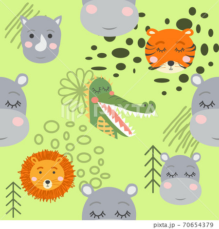 Seamless pattern with rhinoceros, elephant, crocodile. Creative bay animals background. 70654379