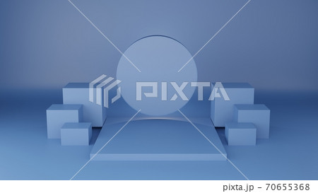 3D of square podium classic blue colour on with circle label. 3D Rendering illustration. Product presentation minimal. Empty geometric shape. Mock-up showcase for product 70655368