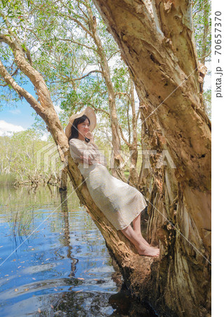 Portrait of Asian woman, a tourist, with trees in Rayong Botanical Garden, Paper Bark Tropical Forest in national park in Thailand. People lifestyle adventure activity recreation. Portrait of Asian woman, a tourist, with trees in Rayong Botanical Garden, Paper Bark Tropical Forest in national park in Thailand. People lifestyle adventure activity recreation. 70657370