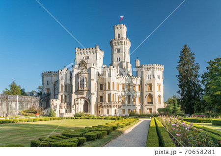 Beautiful renaissance castle Hluboka in the Czech Republic is located in south bohemia. Summer wether with blue sky and rose gardens 70658281