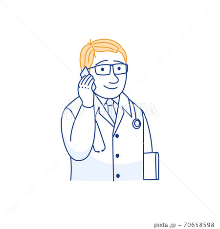 Mobile phone medical consultation thin line icon. Telemedicine concept. Male doctor prescribes treatment. Therapist using smartphone to call patient. Medical care service outline vector illustration. 70658598