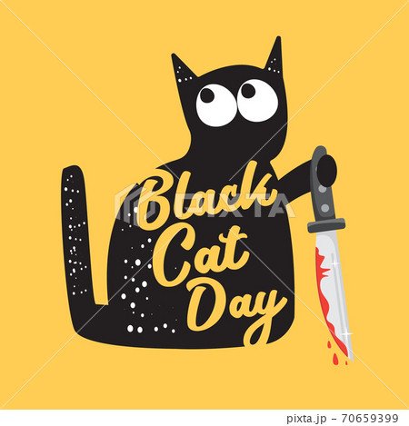 Black cat and knife isolated on white background. Funny Halloween black cat holding a bloody knife. Halloween concept illustration Black cat and knife isolated on white background. Funny Halloween black cat holding a bloody knife. Halloween concept illustration 70659399