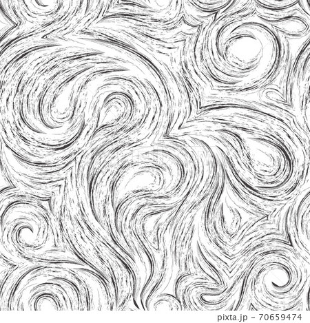 Flowing vector seamless pattern of splashes or brush strokes in the form of spirals of loops and curls. Wood or marble texture in black isolated on white background. 70659474